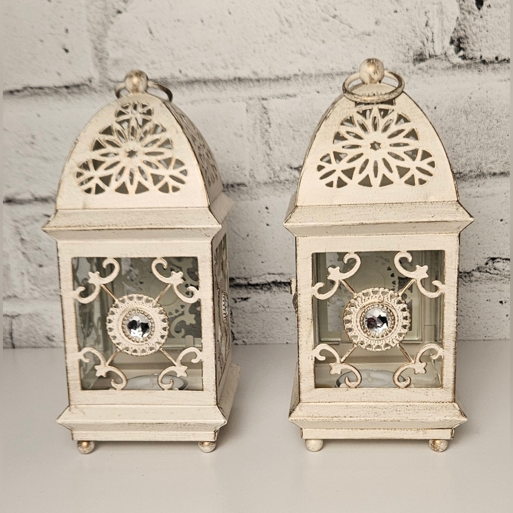 Pier 1 White Metal Lantern Candle Holders Set Ornate Tealight Decor